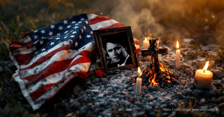 Burned American flag lying in ashes
