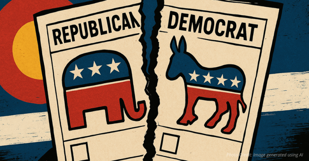 Torn ballot with Republican and Democrat logos
