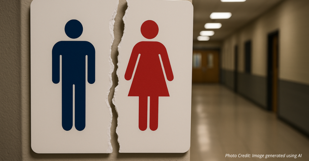 Torn bathroom sign symbolizes conflict in gender identity policies