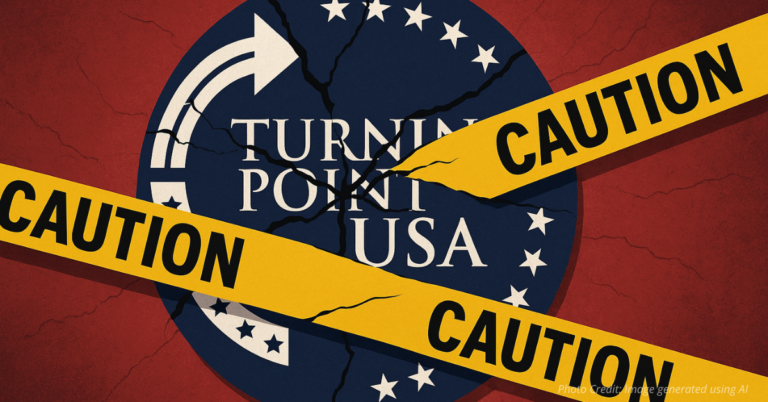 Cracked TPUSA logo wrapped with caution tape