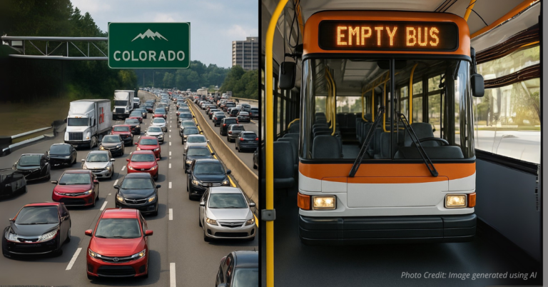 Traffic jam vs empty bus illustrating Colorado’s transportation funding debate