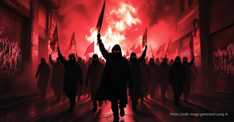 Masked protesters under red light holding flags in shadow