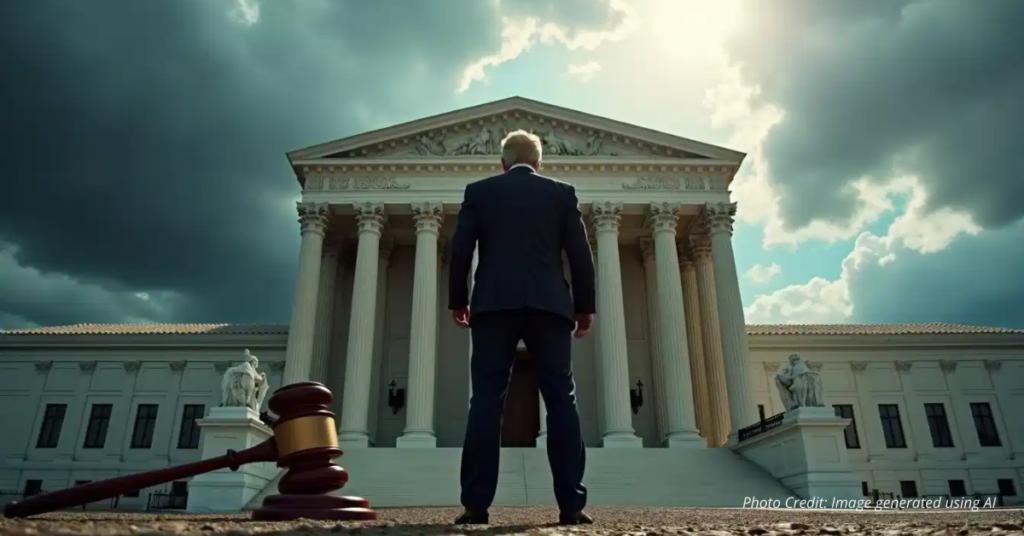 Trump stands before Supreme Court with giant gavel