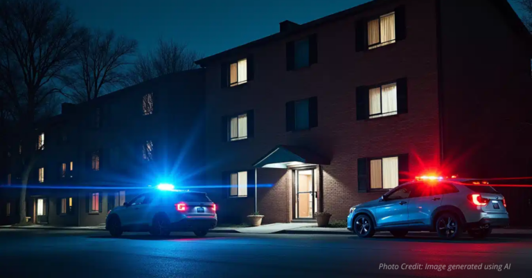 Police lights reflect on dorm building at night