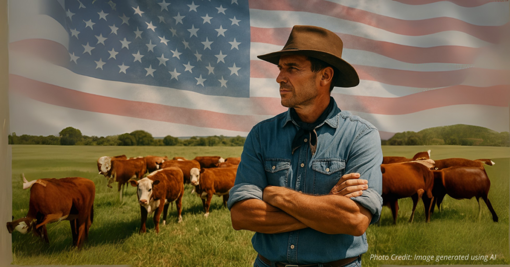 Rancher with cattle under American flag overlay