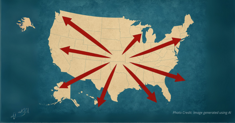 U.S. map with arrows outward symbolizing deportations