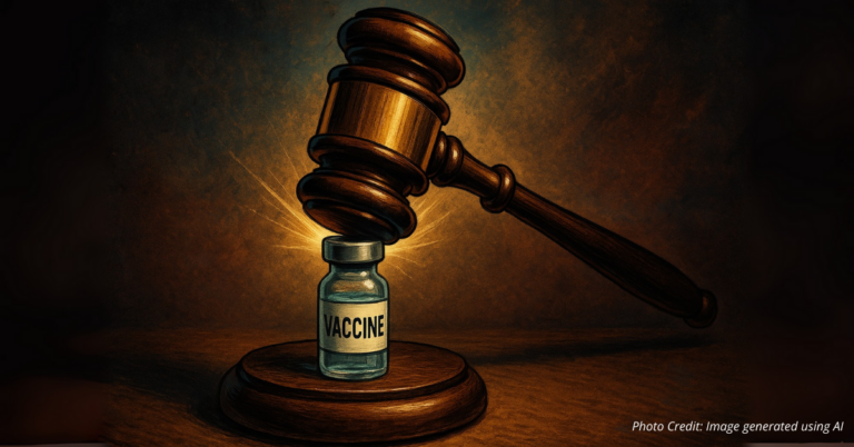 Gavel striking vaccine vial symbolizing state rulemaking authority