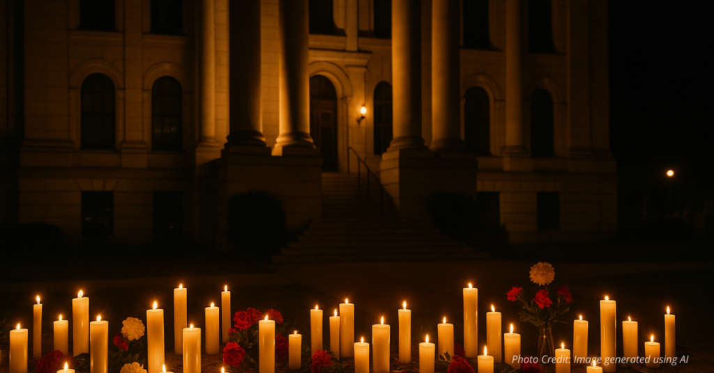 Candlelight vigil outside courthouse representing mourning and accountability
