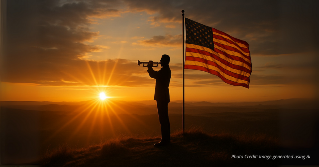 Lone man with trumpet and American flag at sunrise symbolizing call to freedom
