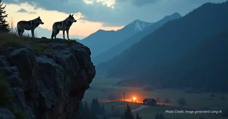 Pack of wolf on mountain ridge overlooking farmland