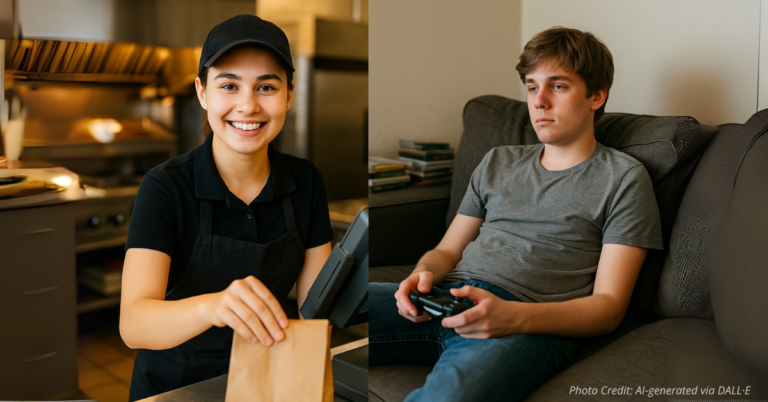 Contrast of teen working vs teen wasting time on couch