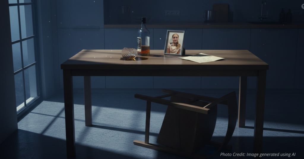 Kitchen table with overturned glass of whiskey, bottle, and image of girl on table.