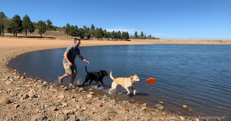 Man playing fetch with two dogs.