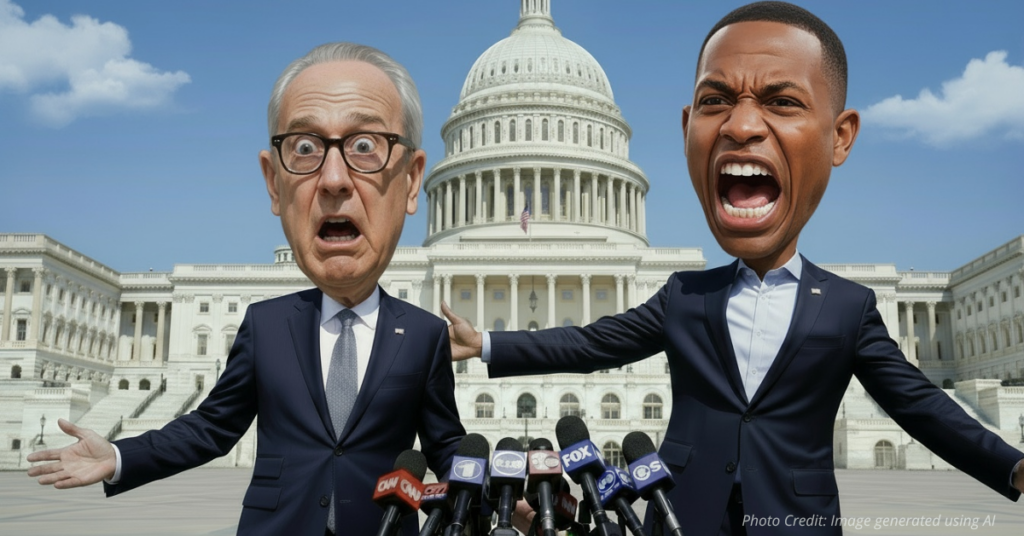 Caricature of Schumer and Jeffries at press conference.