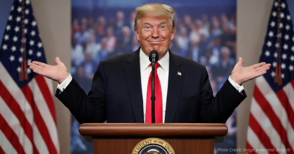 Trump at podium gesturing with amused expression as American flag waves behind him.