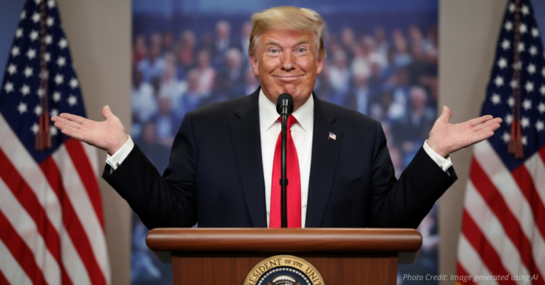 Trump at podium gesturing with amused expression as American flag waves behind him.