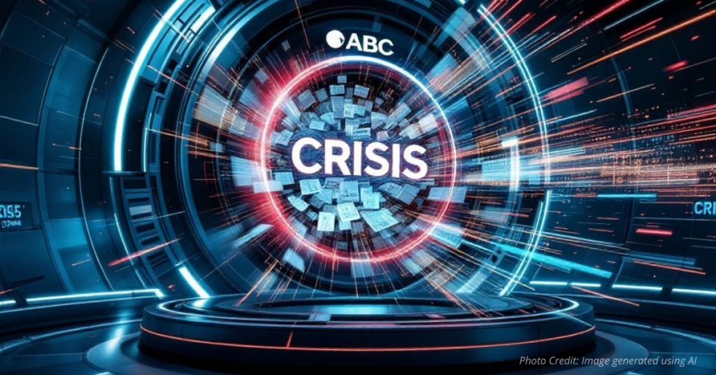 ABC logo as gears in a machine printing newspapers labeled “Crisis.”