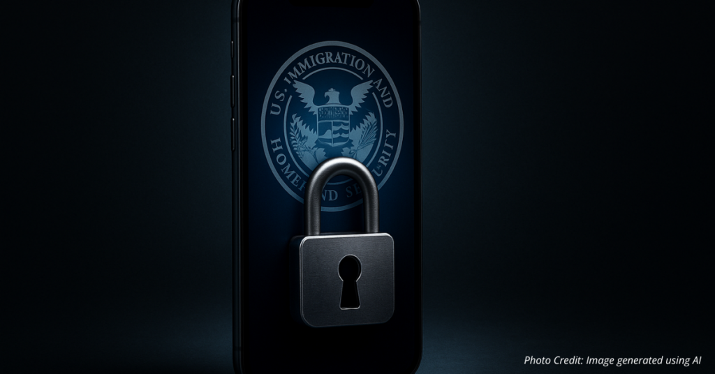 Phone with ICE badge locked by padlock, symbolizing app removal