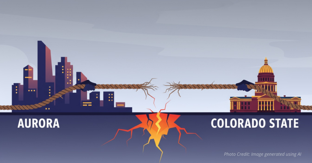 City of Aurora in a tug-of-war with state power.