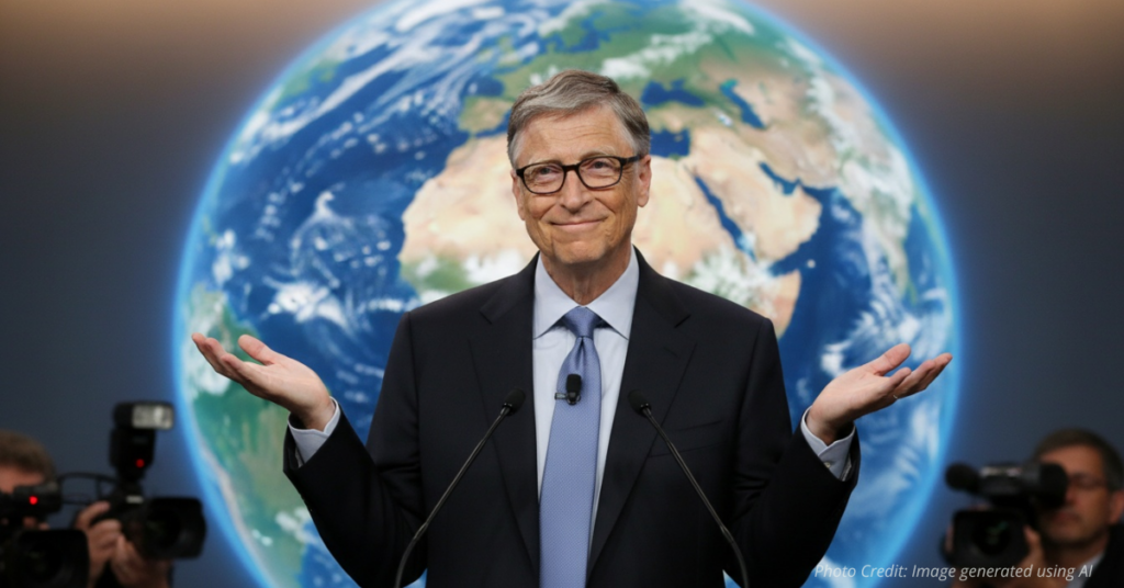 Bill Gates speaking at a press event with Earth backdrop