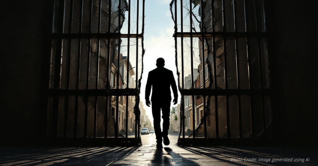 Broken prison bars symbolizing repeat offenders escaping justice