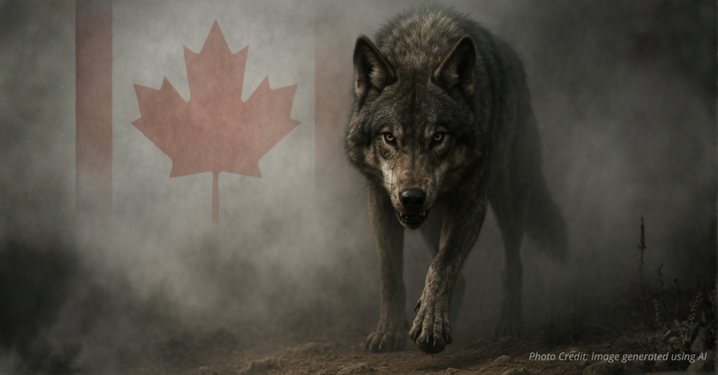 Wolf stepping from Canadian flag into Colorado wilderness