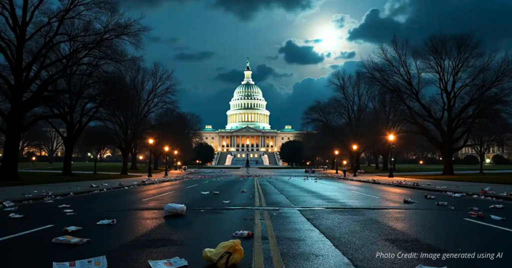 U.S. Capitol building at night mostly dark