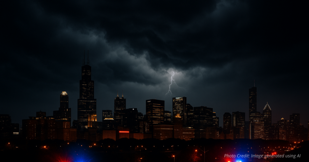 Stormy Chicago skyline symbolizing rising gang violence Image description: Represents Chicago’s ongoing struggle with cr