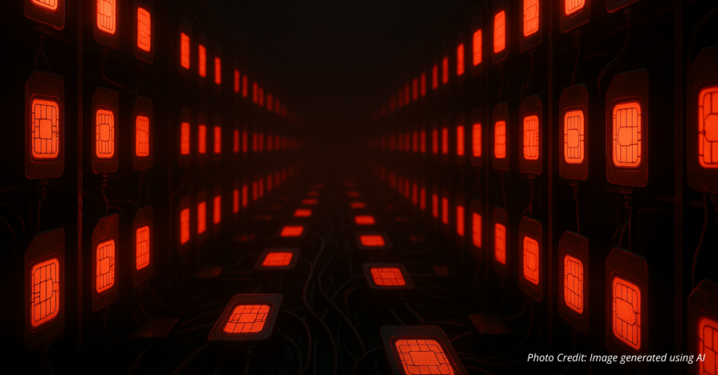 Server racks of glowing SIM cards symbolizing a Chinese cyber espionage network