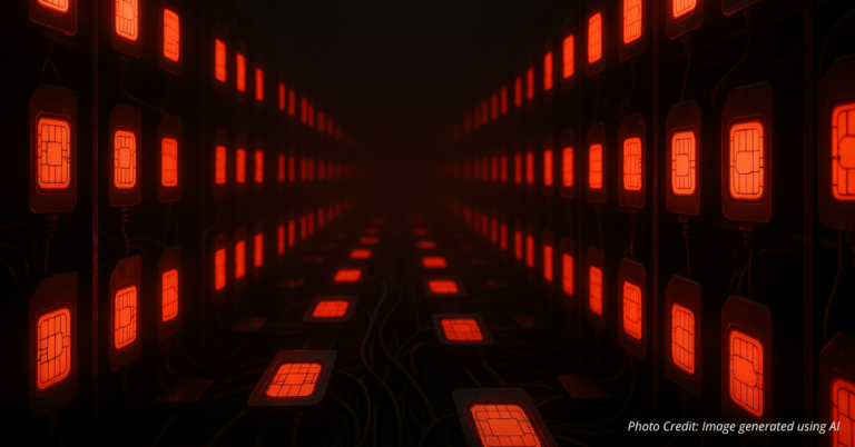 Server racks of glowing SIM cards symbolizing a Chinese cyber espionage network