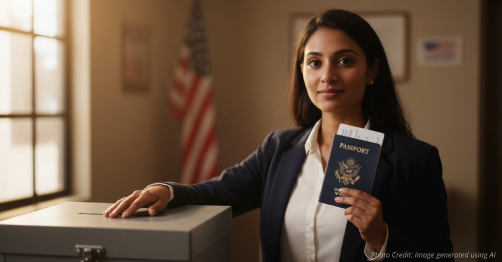 Voter displaying citizenship credentials at the voter box.