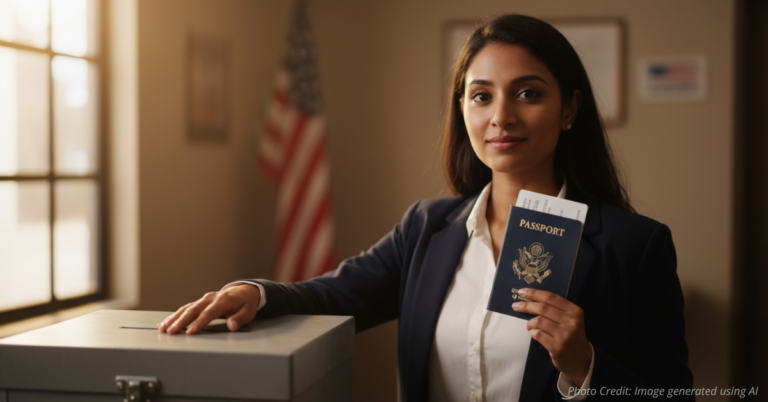 Voter displaying citizenship credentials at the voter box.
