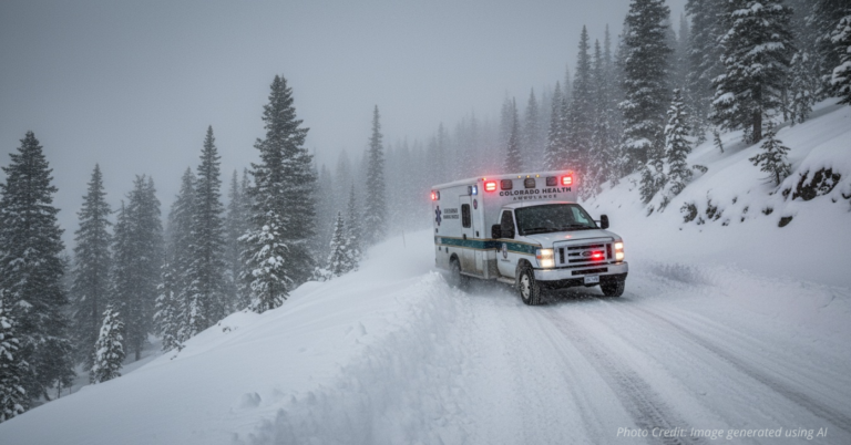 Colorado ambulance on a snowy mountain road symbolizing hospital crisis