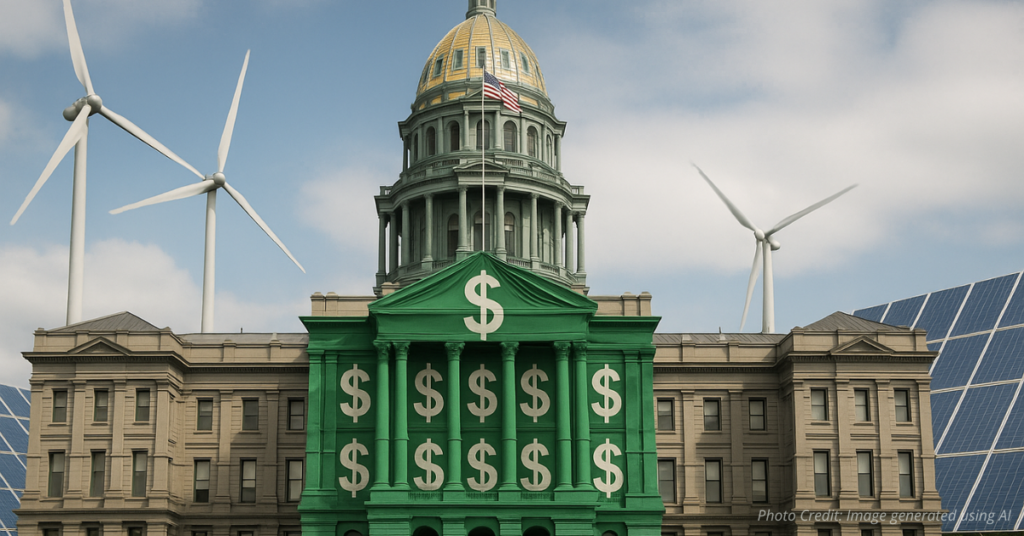 Colorado Capitol wrapped in green fabric with dollar signs and turbines