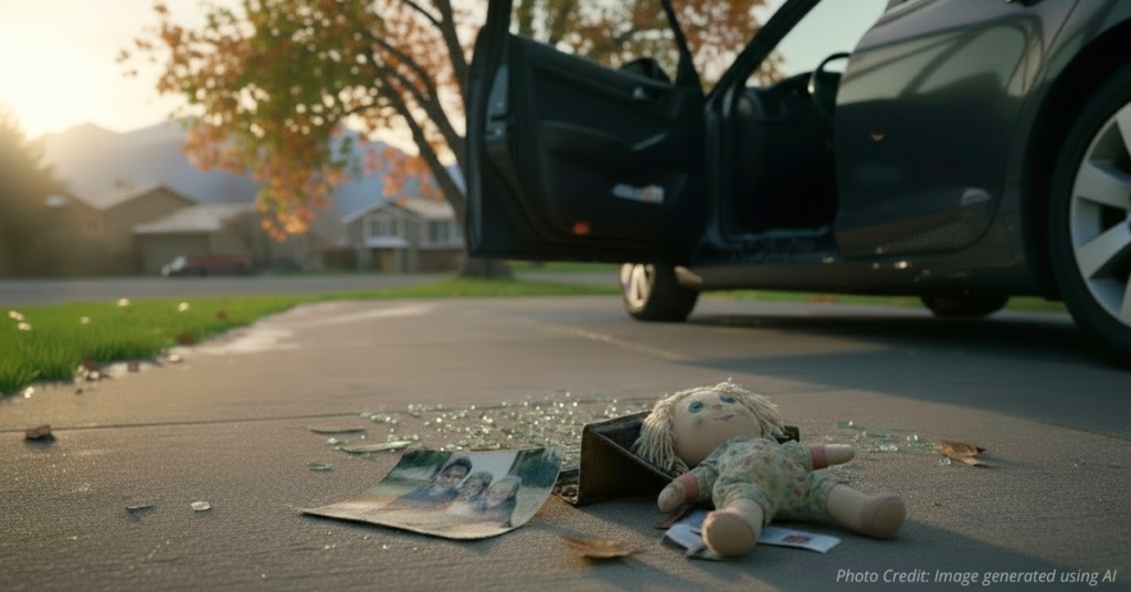 pen car door with belongings scattered after theft in Colorado driveway.