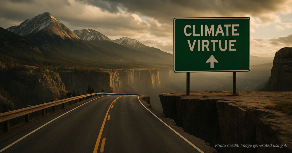 Colorado highway toward cliff with “Climate Virtue” sign