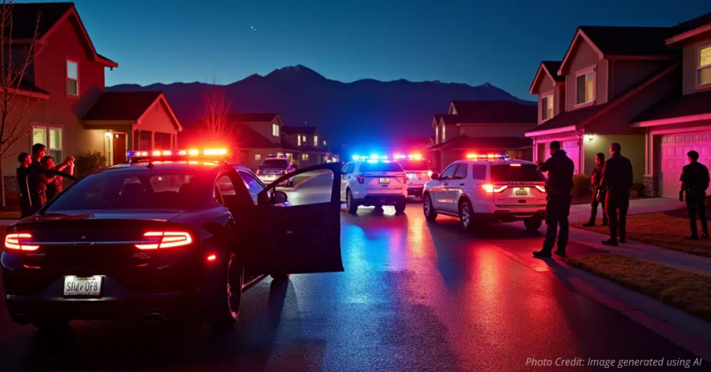 Police vehicles and officers conducting arrests in Colorado neighborhood