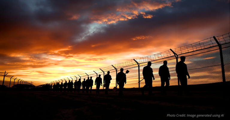 Silhouetted inmates work under a Colorado sunset, highlighting the prison labor lawsuit.
