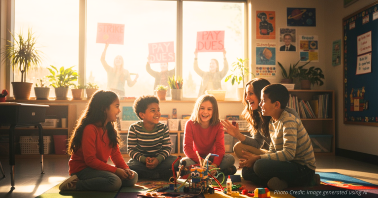 Teacher helps students while protest signs fade in background