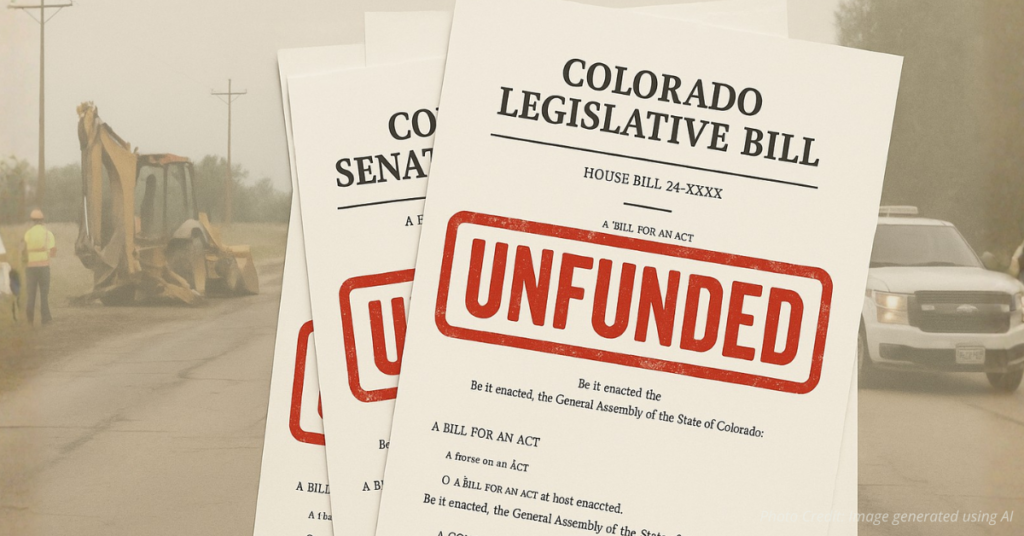 Legislative bills stamped UNFUNDED over rural scene
