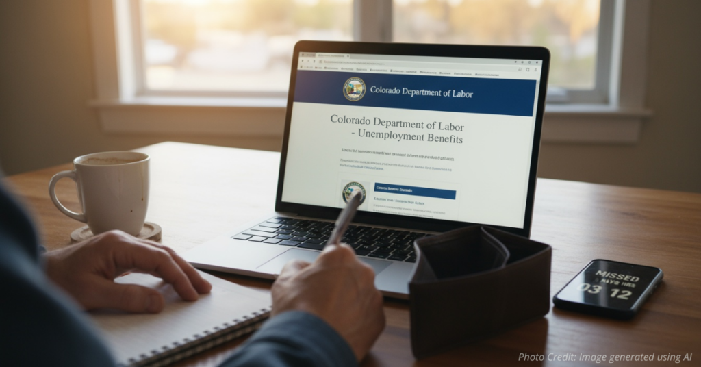 Laptop showing Colorado Department of Labor virtual town hall.