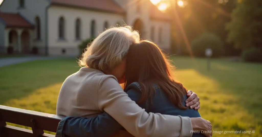 Two people embrace with church in background