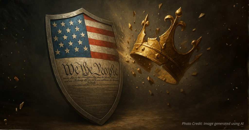 Shield with Constitution deflecting a shattering crown
