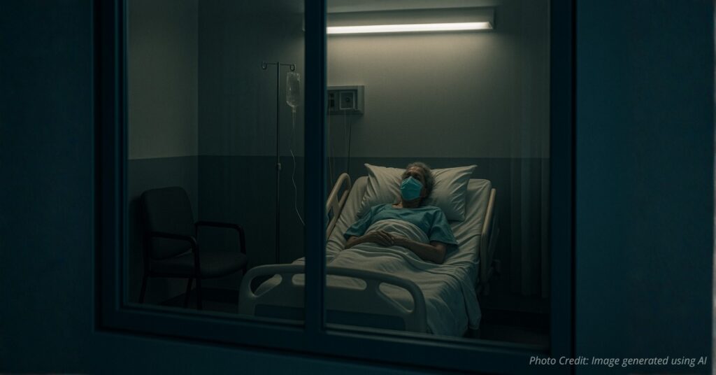 Patient alone behind glass during COVID hospital restrictions