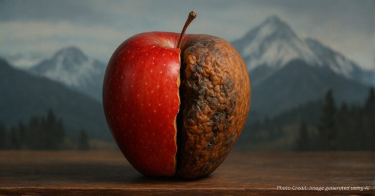 Cracked apple symbolizing corruption within public education