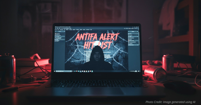 Laptop screen showing digital “hit list” poster tied to Antifa threats at CU Boulder.