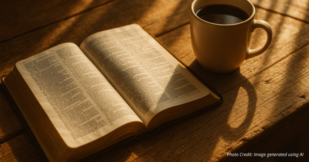Open Bible and coffee in morning light symbolizing daily spiritual nourishment
