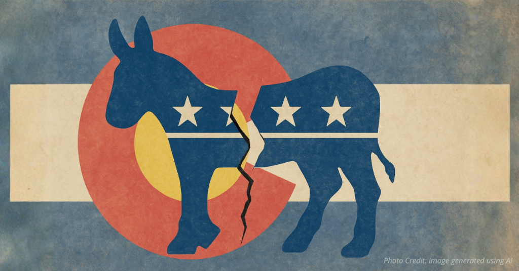 Broken Democratic donkey over faded Colorado flag