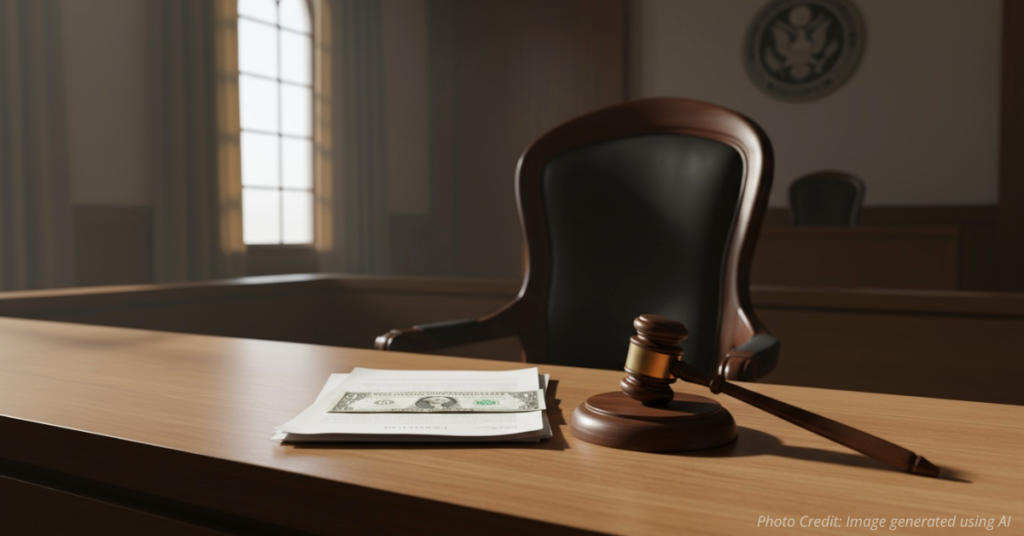 A dollar bill and gavel on a courtroom bench symbolizing a judicial ethics controversy.
