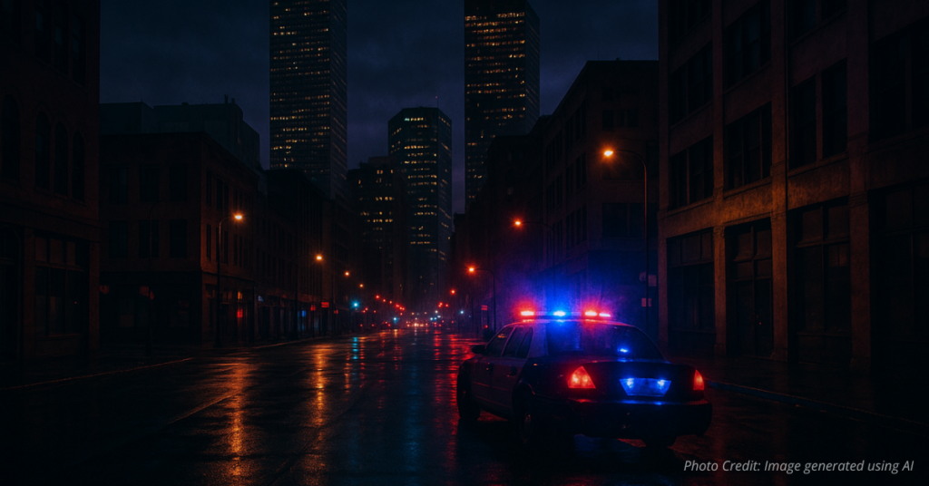 Denver night scene with flashing police lights, symbolizing public safety crisis